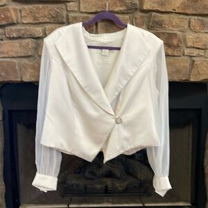 J. R. Nites Woman white jacket with sparkly front button and sheer sleeves. 16W